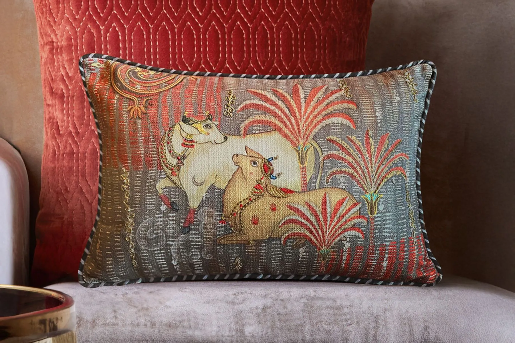 Tanjore Palm Pichwai Cushion Cover|Kainaat| The House Of Things