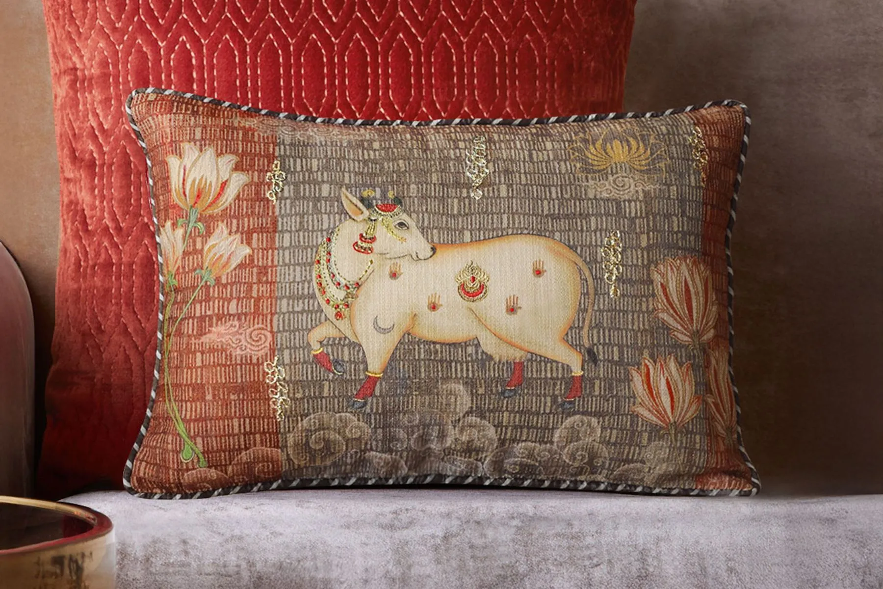 Tanjore Cow Pichwai Cushion Cover|Kainaat| The House Of Things
