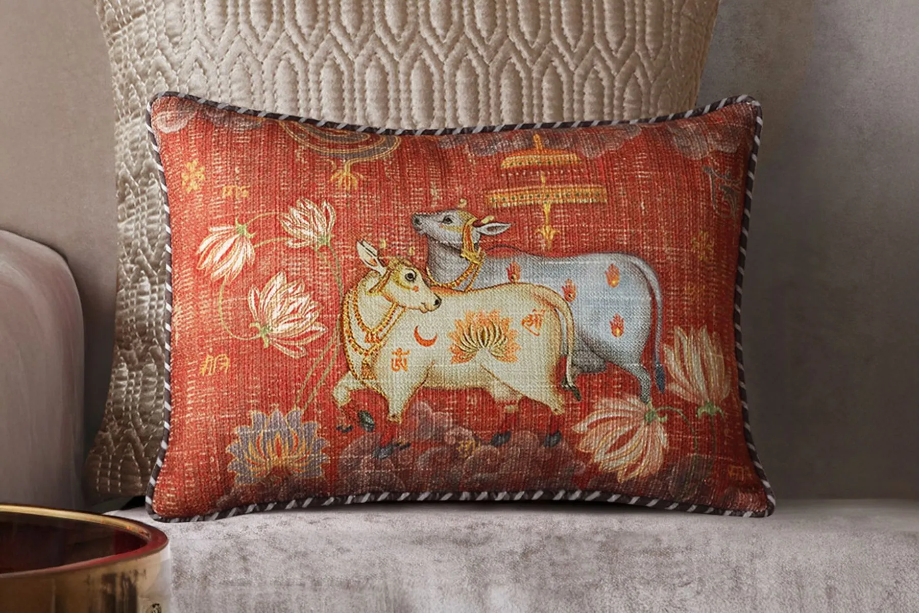 Tanjore Pichwai Rust Slim Cushion Cover|Kainaat| The House Of Things